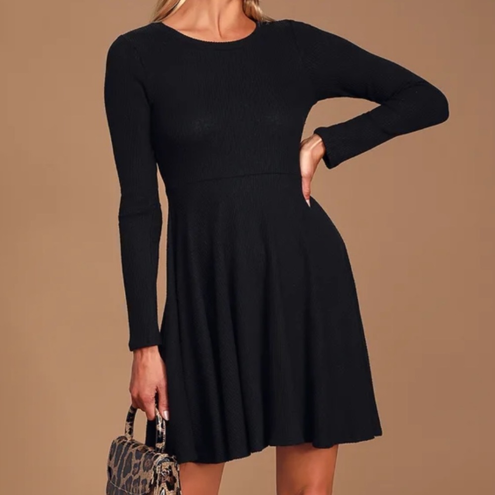 Black Ribbed Knit Long Sleeve Skater Dress Lulu’s